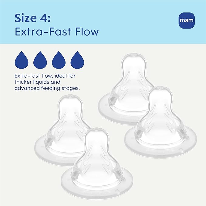MAM Baby Bottle Nipples Extra Fast Flow Size X, for 6+ Month Babies, Skin Soft BPA Free Silicone, 94% Nipple Acceptance, Fits All MAM Bottles, Developed with Medical Experts, 4 Pack, Made in Europe