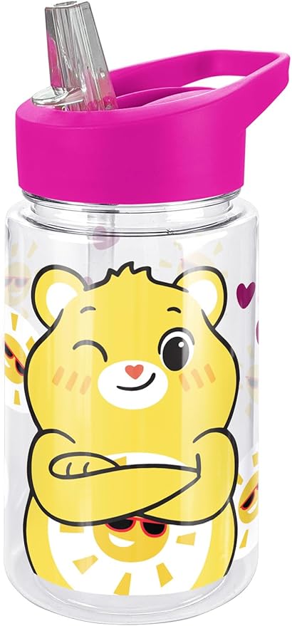 LOGOVISION Care Bears Kids Tritan Plastic Water Bottle with Straw Lid and Handle, Reusable Tumbler for Toddlers, Unisex for Girls and Boys, 12oz, Funshine Bear Belly Pattern