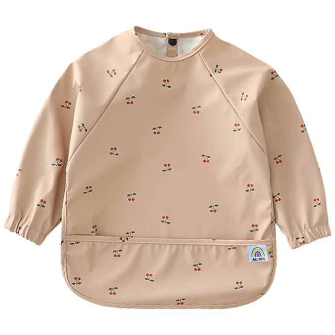 ARI MES Waterproof Long Sleeve Baby Bib for Eating-Cherries Pattern, Medium-Toddler Smock with Catch-All Pocket, BPA Free, Machine Washable, Wearable Feeding Bib for Boys & Girls 6-72 Months