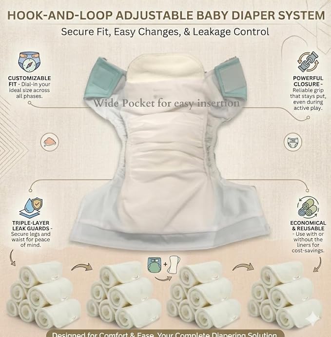 KaWaii Baby HD2 Fast Changing Nappies - 12 Reusable, Leak-Proof Diapers with 24 Premium 5-Layer Inserts for Newborn to Toddler