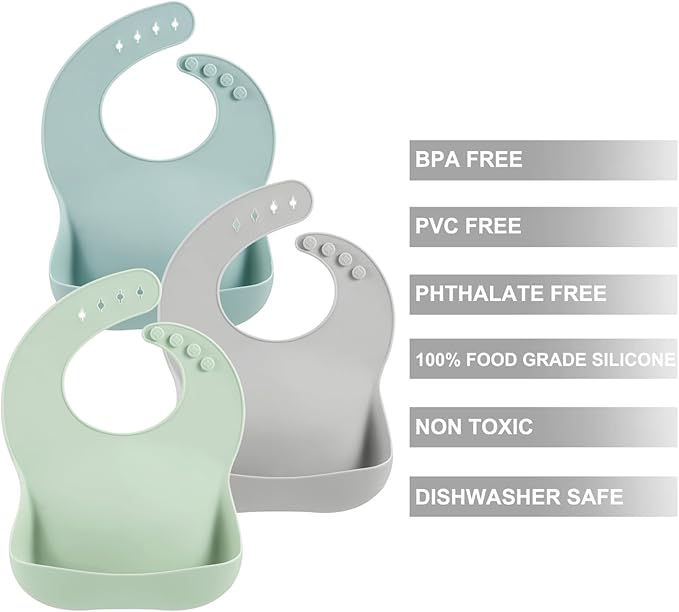 PandaEar 3-Pack Silicone Baby Bibs for Infants & Toddlers - Waterproof Soft Food Catcher Pocket - Easy Wipe & Dishwasher Safe - Adjustable Fit (Lake Green, Blue, Grey)