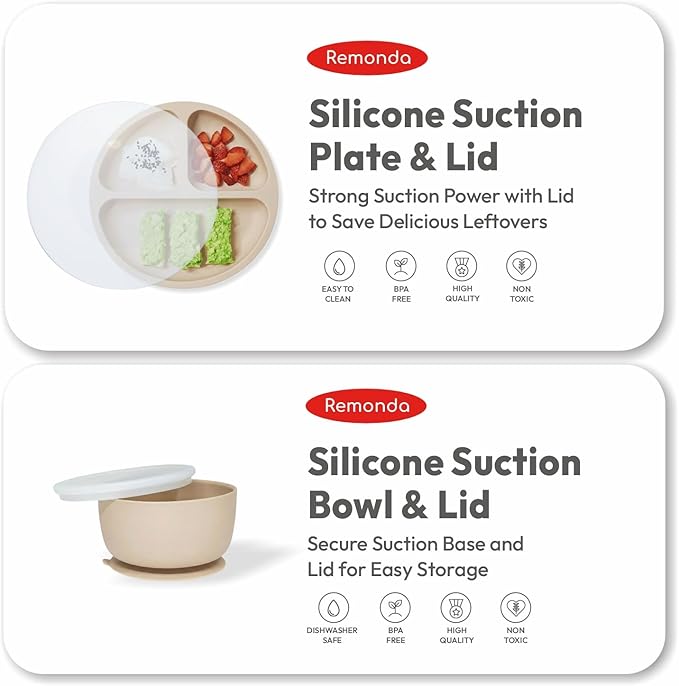 Remonda 23-Piece BPA-Free Silicone Baby Feeding Set | Extra Large Suction Plates, Toddler Bowls, Self Feeding Spoons, and More | Dishwasher Safe| Baby Led Weaning Supplies (Beige) A1