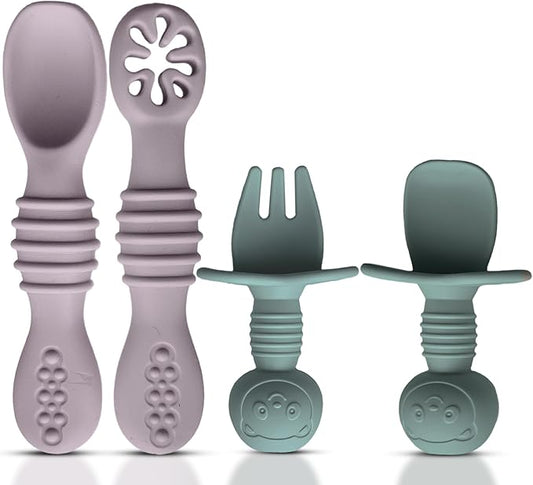 HippoBaby 4pc Silicone Baby Spoons Self Feeding Baby Utensils 6-12 Months - 3 Baby Spoon - 1 Baby Fork - Toddler Cutlery Set - BPA Free, Dishwasher Safe, Baby Eating Essentials (Light pink/Army Green)