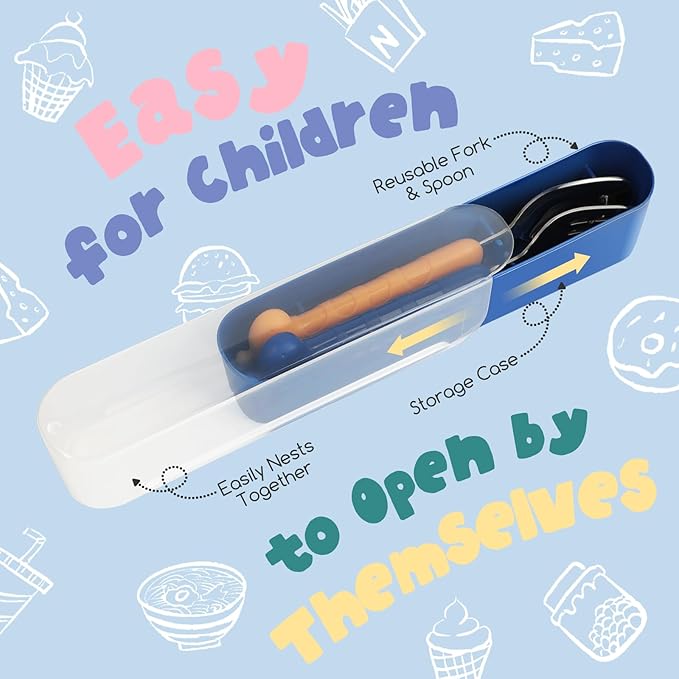 2-Piece Kid Utensils Set, 304 Stainless Steel Kids Fork and Spoon for Self-feeding, Safe Kid Silverware with storage case for School Lunch, Travel & Outdoors, Dishwasher Safe(BLUE)