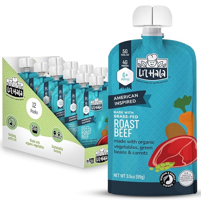 Li'l Hala Beef Baby Food Pouch | Roast Beef (12ct) | Savory 6+ Months Meat Baby Food Pouches with Protein and Organic Veggies, Nutrient Packed Toddler Snacks with Iron | Stage 2 Baby Food Meat Puree