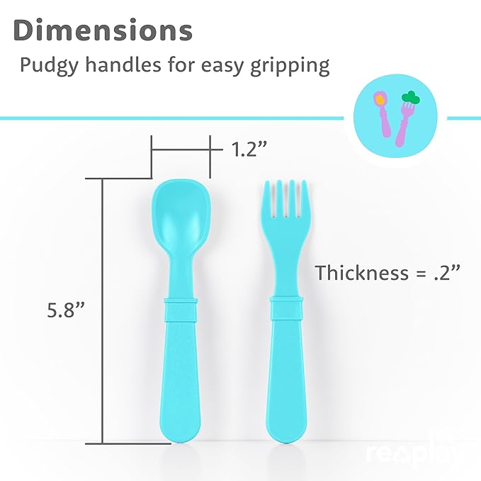 Re-Play Toddler Forks and Spoons Set - 4x4 Utensils Set for Kids - Dishwasher and Microwave Safe - Made in USA - Set of 8-5.8" x 1.2" x 0.2" - A True Blue
