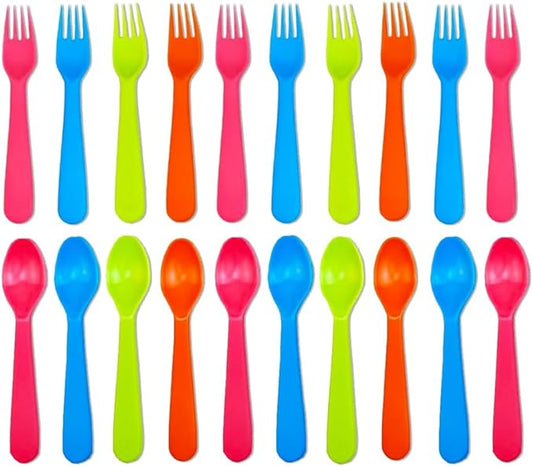 Jawbush 20 Pcs Kids Plastic Utensils Kids Forks and Spoons Set, Reusdable Toddler Silverware Cutlery Set with Bright Colors Ideal for School Lunch Box or Travel, Size also for Adults, BPA Free