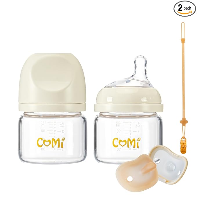 COMI Natural Glass Baby Bottles for Breastfeeding Babies,Newborn Anti-Colic Baby Bottle Set with Slow Flow Nipple,0-3 Months,BPA-Free,4 oz,2 Pack