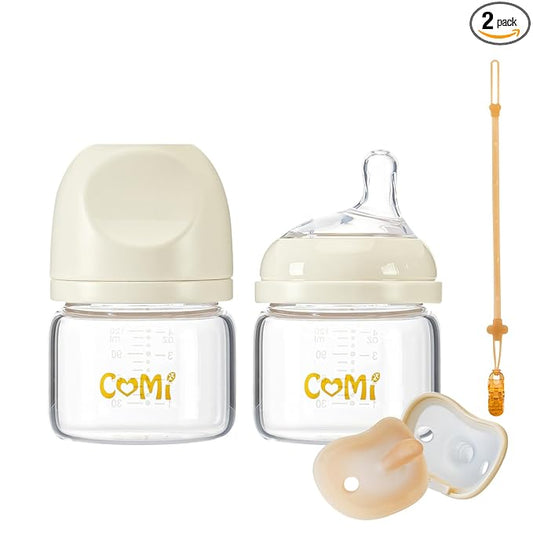 COMI Natural Glass Baby Bottles for Breastfeeding Babies,Newborn Anti-Colic Baby Bottle Set with Slow Flow Nipple,0-3 Months,BPA-Free,4 oz,2 Pack