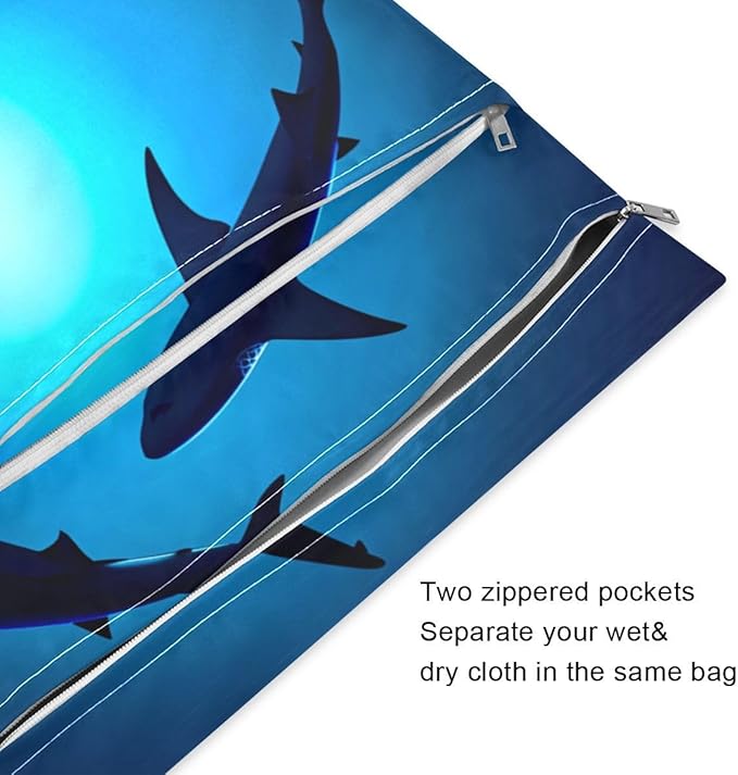 Qilmy 2pcs Sea Shark Wet Dry Bag Waterproof Reusable Baby Cloth Diaper Organizer for Travel, Beach, Stroller, Diapers, Swimsuits, Toiletries