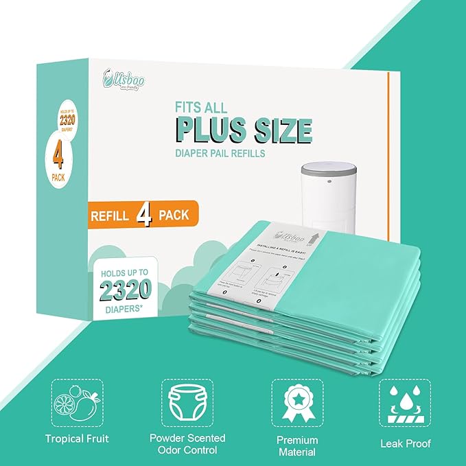 USBOO Refills Compatible with Dekor Plus Diaper Pail,4 Pack Diaper Pail Refill Bags Liners, Reinforced Thickness Diaper Trash Bags, Holds up to 2320 Diapers,Tropical Fruit