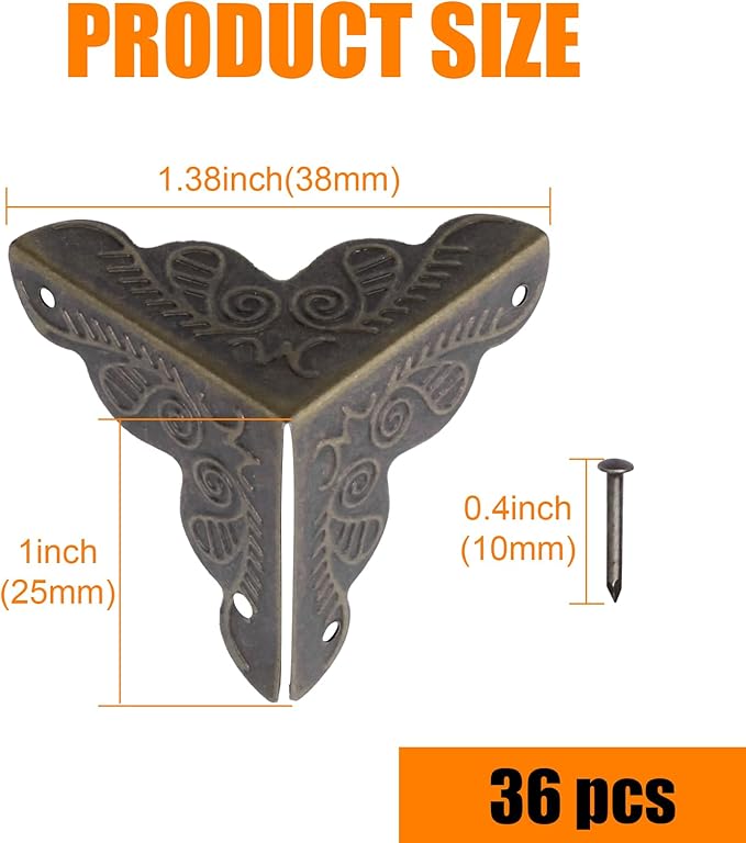 36 PCS Stair Dust Inner Corners for Wooden Steps, 25mm Antique Decorative Corner for Jewelry Box, Vintage Edge Guard with Screws (Bronze)