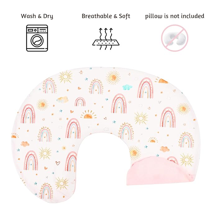 Nursing Pillow Cover 1 Pack, Removable Nursing Pillow Cover for Breastfeeding Pillows, Super Soft Comfortable Slipcover for Boy and Girls, Pink & Sunshine Rainbow
