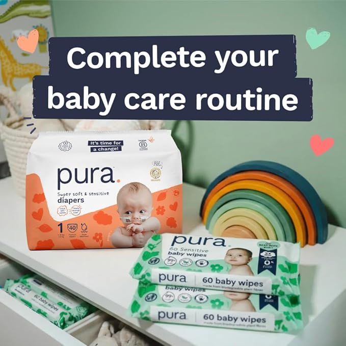 Pura Newborn Baby Diapers Size N (Up to 10 lbs), 3 Pack (84 Hypoallergenic Diapers) Totally Chlorine Free (TCF), Disposable Diapers for Sensitive Skin, Blowout Protection & Wetness Indicator