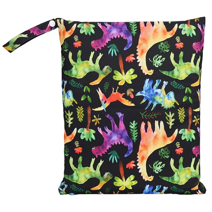 Wet Dry Bag Baby Cloth Diaper Nappy Reusable Washable With Two Zippered Pockets (Dinosaurs Coconut Trees)
