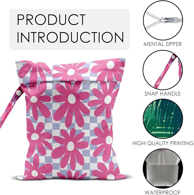 Wet Bag for Swimsuit Pool Travel Baby Cloth Diapers Dirty Yoga Gym Clothes Beach Bags Summer Gifts for Women Men Beach Vacation Essentials Flower Checker Waterproof Wet Dry Bag Travel Laundry Bags
