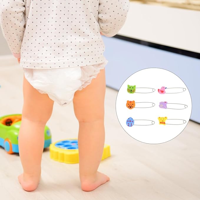 Baby Diaper Pins for Cloth Diapers 2.16 Inch Long Safety Pins with Plastic Head Adjustable Animal Design Fasteners for Newborns and Toddlers Secure Diaper Holders