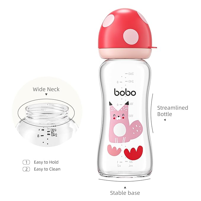 YOHKOH Natural Glass Baby Bottle with Level 2 Medium Flow Nipple, Newborn Anti-Colic Baby Bottles, Wide Neck Mushroom Baby Glass Bottle (8.8ounce (Pack of 4), Red2)