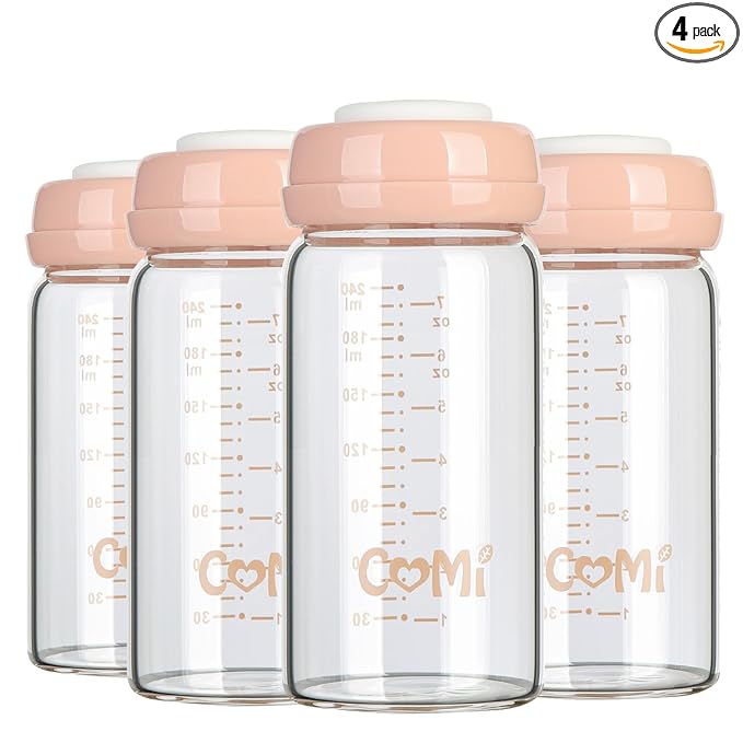 COMI Wide Neck Glass Breastmilk Collection n Storage Bottle, 8oz with Screw Ring Sealing Disk; Re-markable Sealing Disc. BPA Free, Fits Breast Pumps & Nipples (4 Pink Lids)