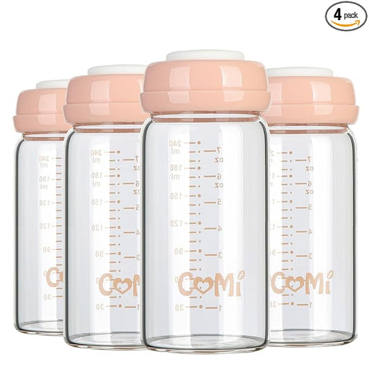 COMI Wide Neck Glass Breastmilk Collection n Storage Bottle, 8oz with Screw Ring Sealing Disk; Re-markable Sealing Disc. BPA Free, Fits Breast Pumps & Nipples (4 Pink Lids)