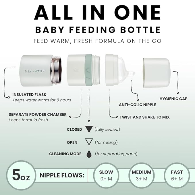 MILK & WATER All in One Baby Bottle & Baby Formula Dispenser On the Go, 5oz - Keeps Water Warm & Formula Fresh - Baby Formula Mixing Bottle with Anti Colic Nipple - Leak-Proof - 0+ Months (Green)