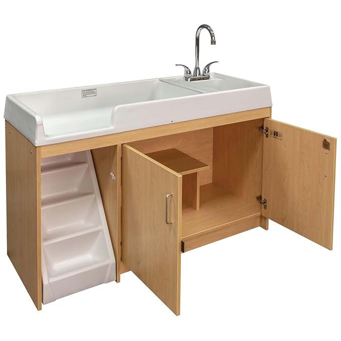 Tot Mate Toddler Diaper Changing Table with Stairs (Left) and Sink (Right) - Ideal Infant Changing Station for Home, Nursery, Daycare - 59-1/2" Wide, Assembled Baby Changer (Maple)