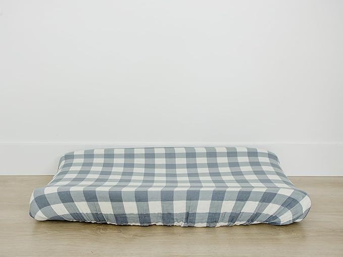Mebie Baby Changing Pad Cover, Dusty Blue Gingham, 100% Muslin Cotton Changing Table Pad Cover for Boy and Girl, Designer Nursery Decor Covers, Diaper Changing Pad Cover for Changing Station