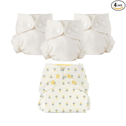 Esembly Cloth Diaper Bundle Set - 3 Organic Cotton Absorbent Inners and 1 Waterproof Outer Diaper Cover - Reusable, Washable, Snap Closure Cloth Diapers - Size 1 (7-17lbs), Buds