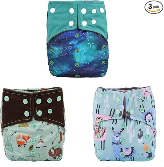 3 AIll in One Cloth Diapers Nappies for Night AIO Sewn in Insert Reusable Washable (Whales Foxes)