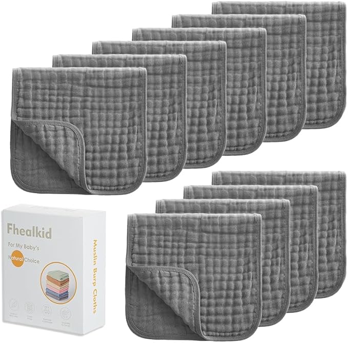 Muslin Burp Cloths Sets Newborn Baby Boy Essentials Must Haves 100% Cotton 10 Pack 20" X 10",6-Layer Baby Bibs & Burp Cloths for Baby Drool and Messes - Soft (GRAY09, 10 - Pack 20"X10")