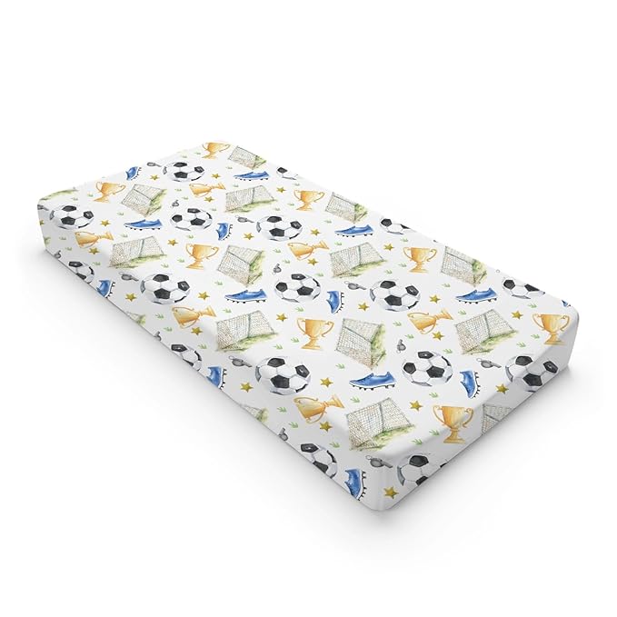 Watercolor Soccer Balls Shoes Stars Pattern Baby Changing Pad Cover, Unisex Sports Theme Nursery Diaper Changing Table Pad Mat Sheet for Boys Girls-16x32