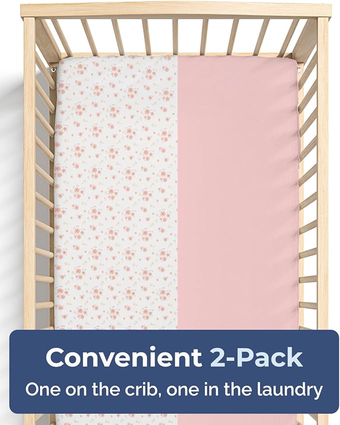 Baby Crib Sheets for Boys & Girls - Pack of 2 Fitted Microfiber Crib Sheets for Standard Crib & Toddler Mattress - Soft, Breathable and Wrinkle Free - Machine Washable - Oeko Tex - 52x28x8in - Floral
