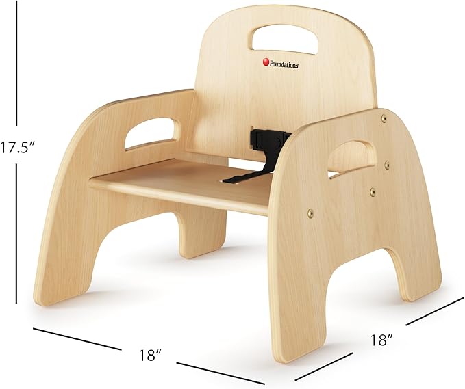 Foundations Simple Sitter 7” Low Wood Feeding Chairs, Wide No-Tip Base, Adjustable Safety Harness, Stackable Wood Toddler Chairs with Wipeable Finish, 2 Pack