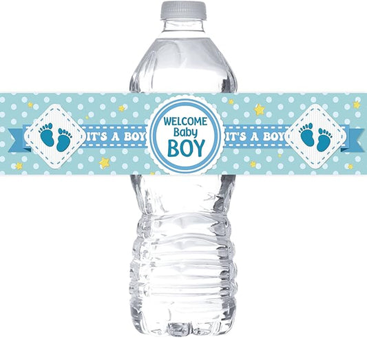 Welcome Baby Boy Water Bottle Stickers/Gender Reveal Bottle Wrappers/It's a Boy Water Labels Supplies/Baby Shower Decorations Blue (Set of 32)
