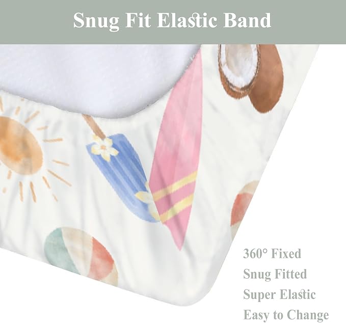 Neutral Summer Beach Changing Pad Covers for Baby Girls Boys Surfboard Coconut Seashells Sun Balls Fitted Change Table Pad Covers Mats Seaside Holiday Soft Diaper Changing Pad Sheets 32''×16''