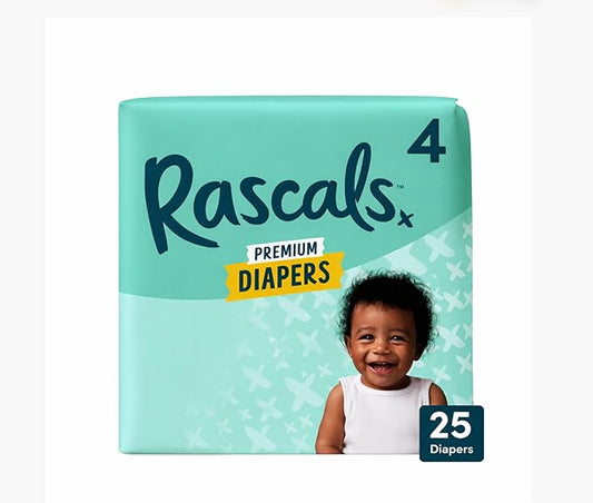 Rascals Premium Disposable Baby Diapers Size 4 (25 Count), Absorbent Core, Up to 12 Hours Leak Protection, Gentle on Skin, Secure Fit, Soft Comfort