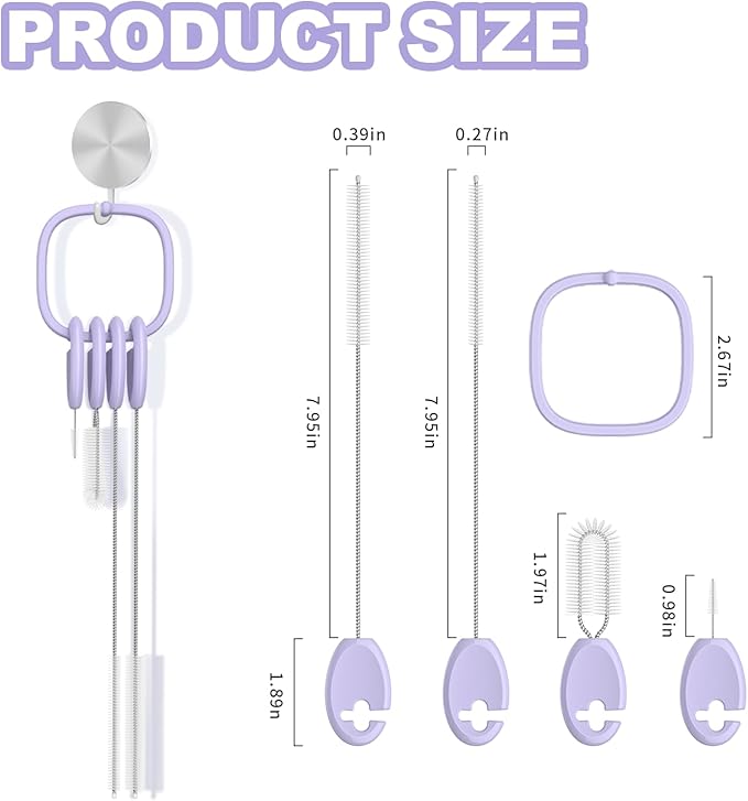 YOTIME 4in1 Straw Cleaner Brush Set, Reusable Standing Straw Brushs with Holder Ring, for Wide and Narrow Straws, Tumblers, Water Bottles and Cups, Purple