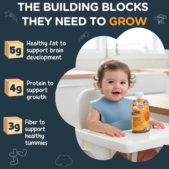 Li'l Hala Chicken Baby Food Meat Pouch | Pad Thai (12 ct) | 6+ Months Savory Baby Food Pouches with Protein and Organic Veggies, Nutrient Packed Toddler Snacks with Iron & Fiber | Stage 2 Meat Puree