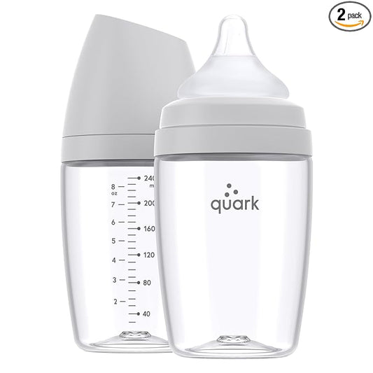 BuubiBottle Max Slow Flow Bottle for Newborn Babies by Quark - with Anti-Colic RealFeel Nipple to Simulate Breastfeeding - BPA-Free, PVC-Free, Toxin-Free - 8 Oz Bottle with Lid, 2 Pack - Gray