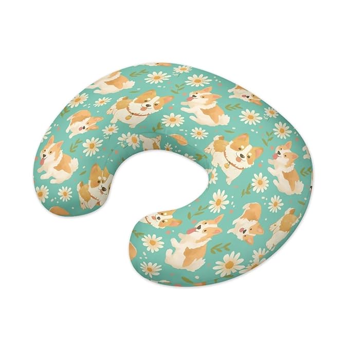 Jeiento Cute Welsh Corgi Dog Nursing Pillow Covers Daisy Flower Nursing Pillowcase for Mom,Newborn Zipper Slipcover for Breastfeeding Pillows Reversible Removable U-Shaped Pillow Case for Dog Lover