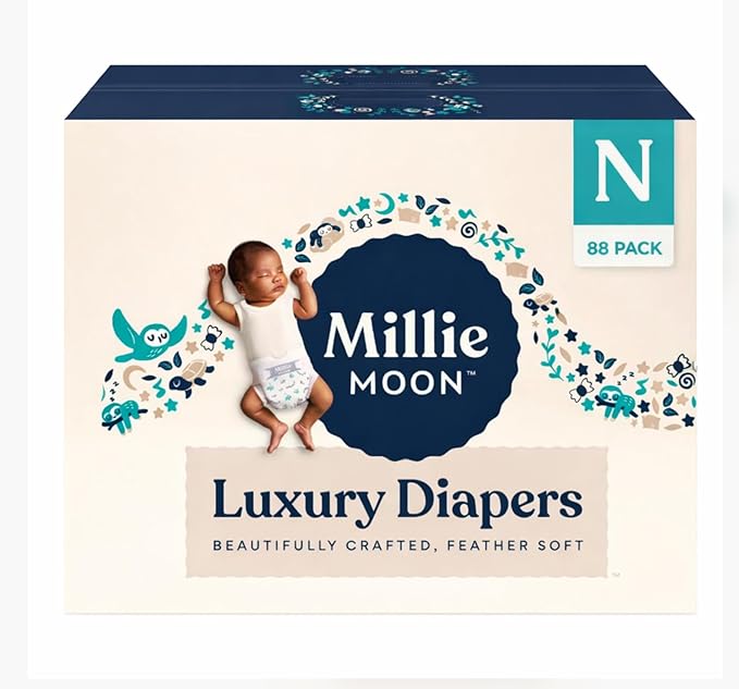 Millie Moon Luxury Disposable Baby Diapers Newborn Size I 88 Count I Ultra Soft Comfort, Absorbent Core for Day & Night Use, Wetness Indicator, Gentle Materials, Secure Fit
