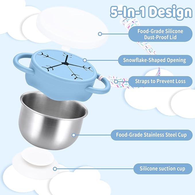 Qtencas 2 Pack Stainless Steel Snack Containers for Toddlers with Spill-Proof Silicone Lids and Handles, Food Grade Snack Cups for Toddlers Kid（Green and Blue）