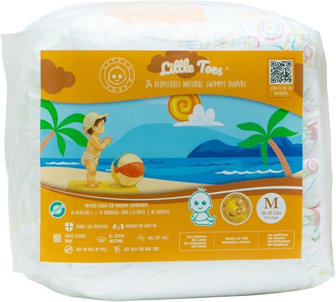 Little Toes Premium Natural Disposable Swim Diapers, Size 3-4 Medium (20-30 lbs) (24 Count) | Baby Disposable Swim Diapers | Hypoallergenic, Chlorine & Fragrance-Free | Gentle on Sensitive Skin