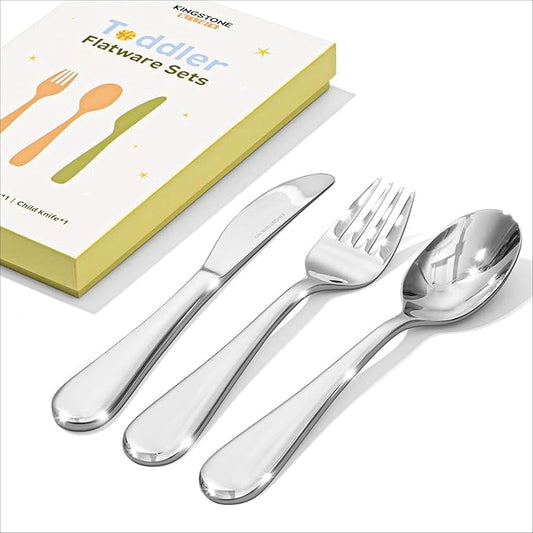 KINGSTONE Kids Silverware, 3-Piece Large Forks and Spoons Knife Gift Set, 18/10 Stainless Steel Kids Utensils for Self-Feeding, Food Grade Flatware, Dishwasher Safe, Mirror Polished