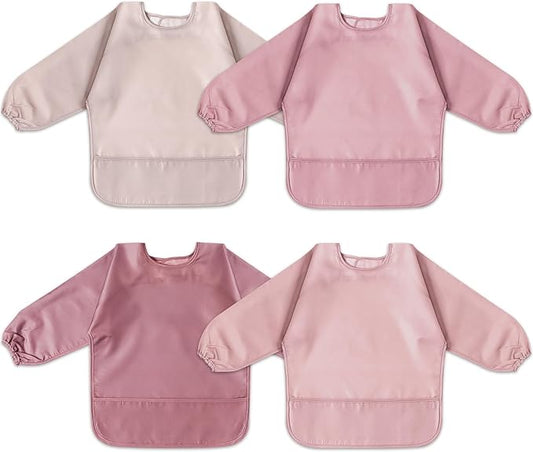 POIKSHARK 4 Pack Long Sleeve Bib, Reusable Bib with Catch-all Pocket
