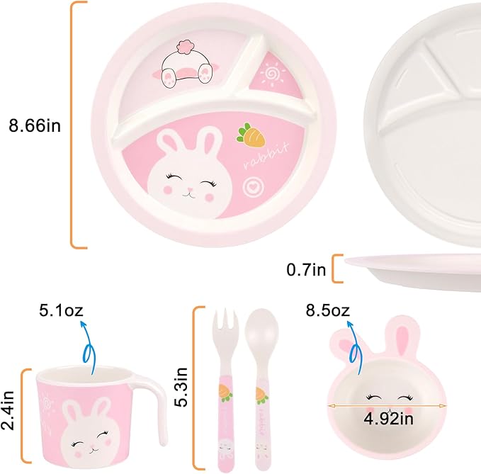 Kids Dinnerware Set, Includes Toddler Plate Bowl Tumbler and Utensils, BPA Free Bamboo Fiber Material Perfect for Little Girls (Pink - Rabbit Theme)
