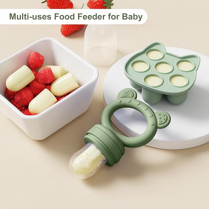 Baby Breastmilk Popsicle Molds & Baby Fruit Feeder (4 Pack), Infant Food Freezer Tray Storage Containers, Silicone Teething Pacifier Feeder and Teether for Babies,Boys and Girls-Pink&Purple