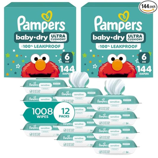 Pampers Baby Dry Disposable Baby Diapers Size 6, 2 Month Supply (2 x 144 Count) with Sensitive Water Based Baby Wipes 12X Multi Pack Pop-Top and Refill (1008 Count)