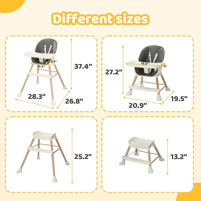 JOYMOR 5 in 1 Convertible Baby High Chair, Highchair for Babies and Toddlers, Easy Clean, Infant Highchair with Removable Double Tray & 5-Point Harness (Gray)