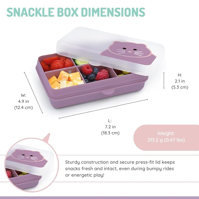 melii Snackle Box | 6-Compartment Divided Snack Container, BPA-Free Food Storage with Removable Dividers for School, Travel & On-the-Go Snacking Purple Cat